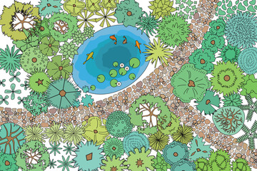 Wall Mural - Landscape design. Top view. Pond, path, trees and flowers. View from above. Vector illustration.