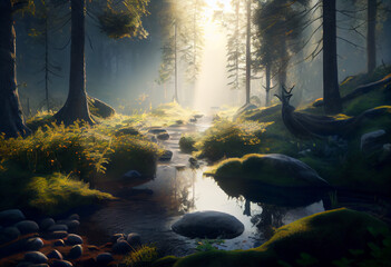 Wall Mural - River reflections: a peaceful river scene with reflections of trees and clouds  Generative AI technology.