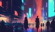 people walking in the sci-fi city at night with colorful light, illustration painting, Generative AI