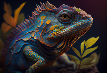 Leinwandbilder - An abstract, surrealist portrait of a lizard, featuring exaggerated proportions and dreamlike colors.  Generative AI technology.	
