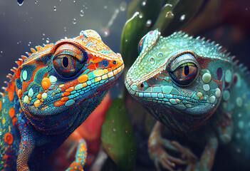Leinwandbilder - An abstract, surrealist portrait of a lizard, featuring exaggerated proportions and dreamlike colors. Generative AI technology.