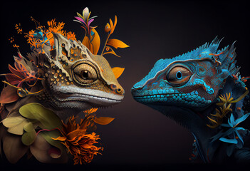 Leinwandbilder - An abstract, surrealist portrait of a lizard, featuring exaggerated proportions and dreamlike colors. Generative AI technology.