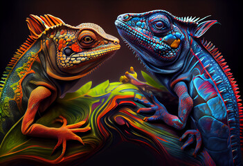 Leinwandbilder - An abstract, surrealist portrait of a lizard, featuring exaggerated proportions and dreamlike colors. Generative AI technology.