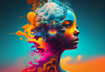 Leinwandbilder - An abstract, surrealist portrait of a woman, featuring exaggerated proportions and dreamlike colors.  Generative AI technology.	
