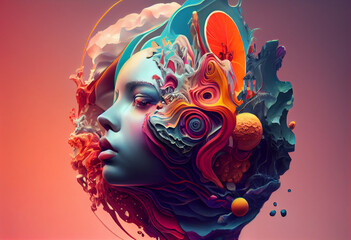 Leinwandbilder - An abstract, surrealist portrait of a woman, featuring exaggerated proportions and dreamlike colors.  Generative AI technology.	
