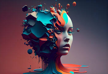 Leinwandbilder - An abstract, surrealist portrait of a woman, featuring exaggerated proportions and dreamlike colors.  Generative AI technology.	

