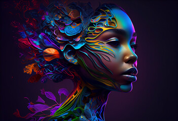 Leinwandbilder - An abstract, surrealist portrait of a woman, featuring exaggerated proportions and dreamlike colors.  Generative AI technology.	
