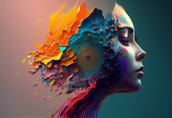 Leinwandbilder - An abstract, surrealist portrait of a woman, featuring exaggerated proportions and dreamlike colors.  Generative AI technology.	
