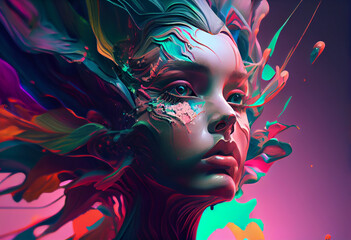 Leinwandbilder - An abstract, surrealist portrait of a woman, featuring exaggerated proportions and dreamlike colors.  Generative AI technology.	
