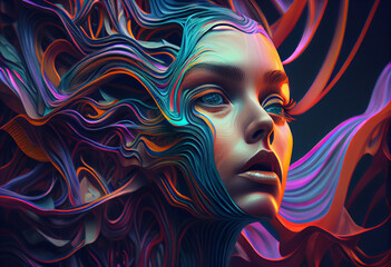 Leinwandbilder - An abstract, surrealist portrait of a woman, featuring exaggerated proportions and dreamlike colors.  Generative AI technology.	
