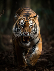 Angry tiger roaring and charging, forest wildlife action shot - generative AI