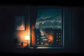 View through window in a cosy room of a city at night.  AI generated background illustration in a high detail sketch style