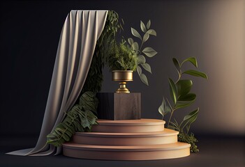 3D rendering steps platform podium with plant and curtain product presentation background. Generative AI
