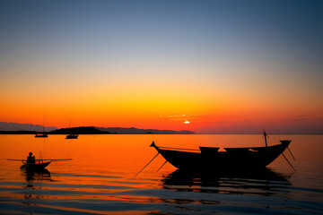 Wall Mural - Silhouette of small fishing boats at the sunset, Thailand