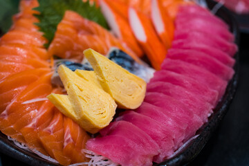 Wall Mural - Sashimi, mixed sashimi with tuna, fresh, cold, delicious. Japanese food sashimi sets