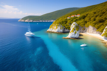 Wall Mural - Aerial view of sailing luxury yacht at opened sea at sunny day in Croatia