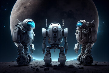 three robots in space galaxy standing on planet with moon view. futuristic robots illustration