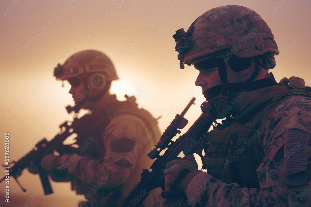 AI generated silhouettes of army soldiers attacking in smoke against ...