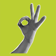 Wall Mural - Collage hand with halftone effect. Cut out paper. Hand holds c gesture ok. Vector modern illustration