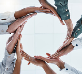 Canvas Print - Teamwork, collaboration and hands of business people in circle for motivation, support and connect in office. Diversity, team building and below view of men and women palms for goal, trust or mission