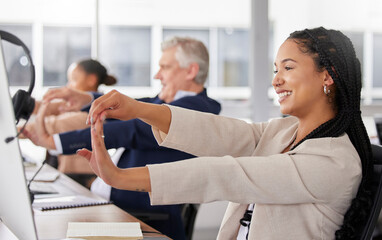 Aufkleber - Woman, call center and stretching hands at desk for exercise, muscle wellness and relief for stress with smile. Business people, customer service staff and hand health with training for team building