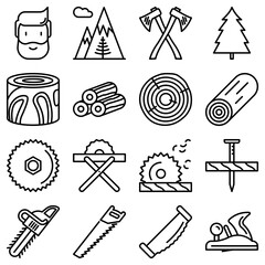 Logging and lumberjack with beard related thin line icons: jack-plane, sawmill, forestry equipment, timber, lumber. Vector illustration.