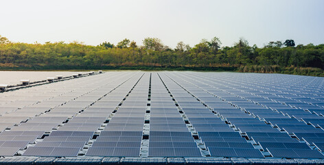 Wall Mural - solar panel platform on water in pond. concept clean energy in nature
