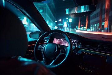 Wall Mural - At night, the window of the cab when driving at high speed. AI technology generated image