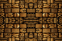 Egyptian Hieroglyphs Alphabet Pattern Golden Background. Abstract Traditional Folk Antique Tribal Ethnic Egypt Graphic Line. Ornate Elegant Luxury Vintage Retro Style For Texture Textile Fabric Tile.