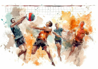 Wall Mural - Watercolor abstract illustration of volleyball. Volleyball in action during colorful paint splash, isolated on white background. AI generated illustration.