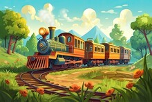 Train Journeying Through A Picturesque Countryside Landscape. Generative AI
