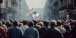 © ckybe - Group of people protesting in France. Strike against pension reform. Group of demonstrators protesting in the city. Generative Ai. Gas Smoke in the Crowd.