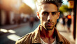 © Elena Uve - Street portrait photo of handsome young man with blurred background and copy space. Generative AI.