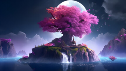 Magical Pink Tree on Fantasy Island: 4K Highly Detailed Digital Art with UHD 8K Quality and Conceptual Wallpaper