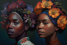 A Stunning Portrait Of Two African American Women With Flower Crowns. Their Unique Coiffures And Make-up Create An Ethereal And Artistic Look. Generative AI