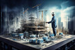 © Real - A businessman holds a building model, reviewing its engineering and construction progress with advanced technology