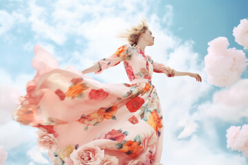 Wall Mural - woman peony flying beauty spring fashion falling colorful flower art head. Generative AI.