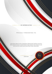 Wall Mural - Red and black certificate of achievement border template with luxury badge and modern line pattern. For award, business, and education needs