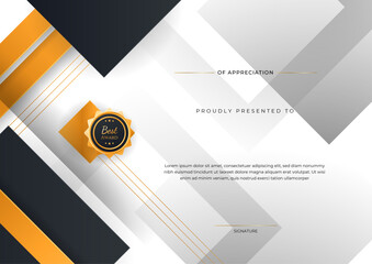 Wall Mural - Certificate of appreciation template, orange and black color. Clean modern certificate with gold badge. Certificate border template with luxury and modern line pattern. Diploma vector template