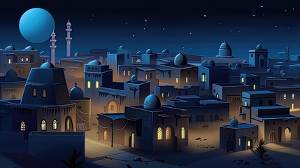 Ancient arab city with market and palace in desert at eid al adha night. Flat cartoon illustration of sandy area with traditional houses, antique castle, islamic mosque buildings, palms. Generative Ai