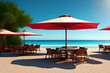 A seating area and umbrella on the beach with a very bright sunny day, a place for peace and relaxation, Generative AI