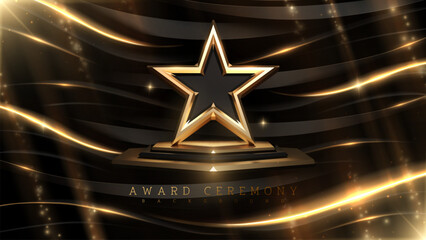 Award ceremony background with 3d gold star and ribbon element and glitter light effect decoration. Luxury modern scene style.