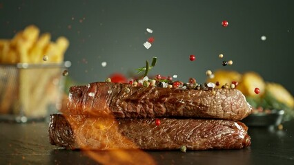 Sticker - Super slow motion of beef steaks falling down. Filmed on high speed cinema camera, 1000 fps. Camera placed on high speed cine bot, tracking the object. Fire on foreground. Speed ramp effect.