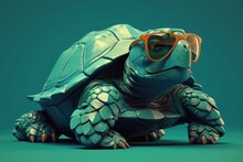 Turtle Wearing Sunglasses On A Solid Color Background, Vector Art, Digital Art, Faceted, Minimal, Abstract. Generative AI.