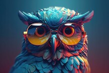 Owl Wearing Sunglasses On A Solid Color Background, Vector Art, Digital Art, Faceted, Minimal, Abstract. Generative AI.