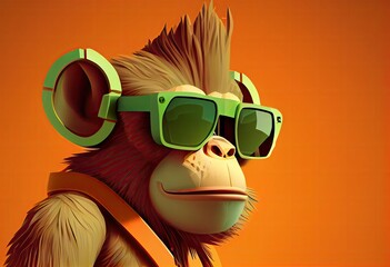 Poster - monkey wearing sunglasses on a solid color background, vector art, digital art, faceted, minimal. Generative AI.