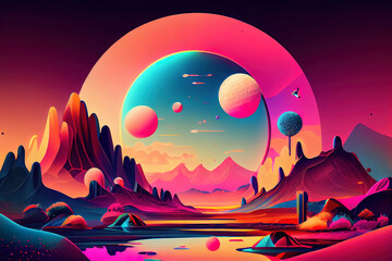 Surreal retro futurism abstract landscape with water in colorful neon palette. Generative Ai