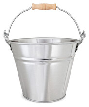 Metal Garden Vintage Bucket With Wooden Handle, Tool For Gardening Or For Decorating Flower Arrangements Or Potting Plants, Front View Isolated On White Background