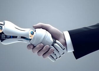 Wall Mural - robot and businessman hands in handshake. ai technology development and human robot relationships.