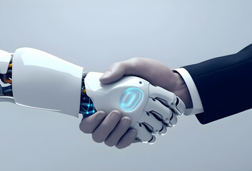 Wall Mural - robot and businessman hands in handshake. ai technology development and human robot relationships.